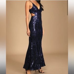 Lulus Glowing Moment Navy Blue Sequin Cutout Mermaid Maxi Dress! BRAND NEW